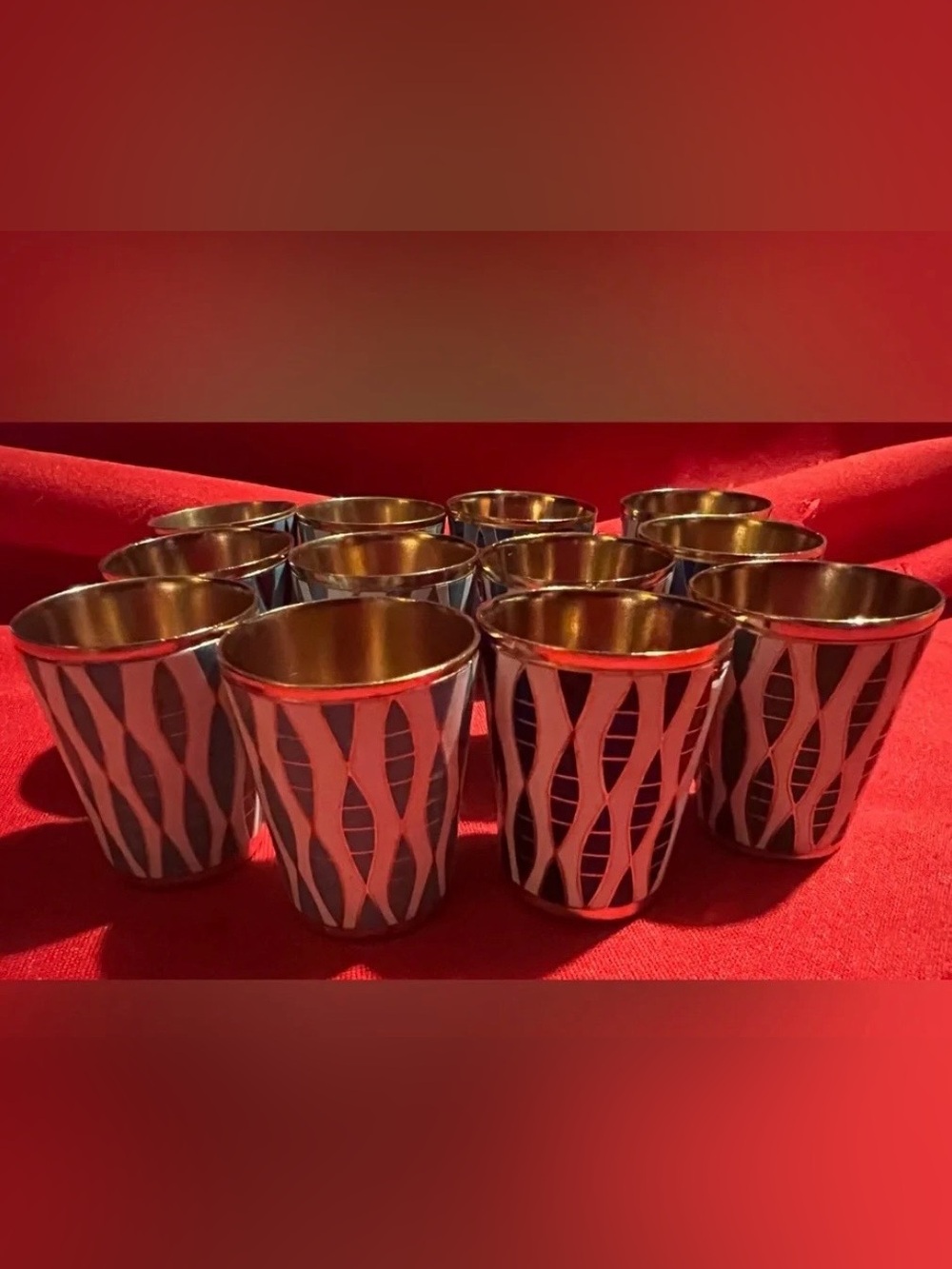 Vintage cloisonné vodka shot glasses, enamel, silver Set of 12